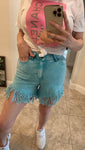 Blue Acid Wash Fringe Shorts